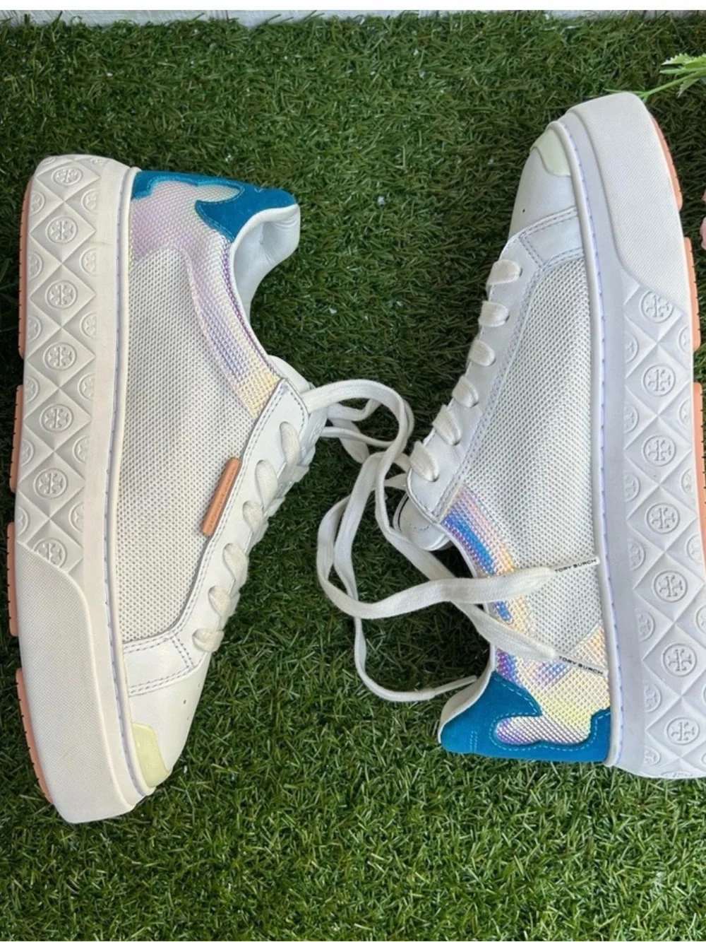 Tory Burch White Platform Sneakers with Iridescent & Teal Heel